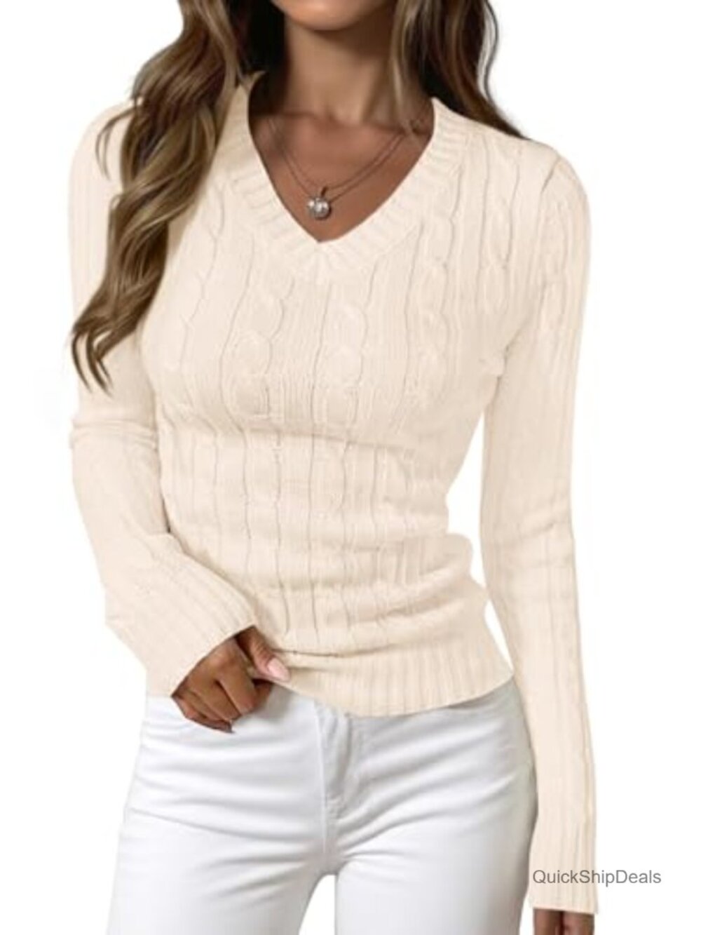 Cable Knit Fitted V Neck Pullover Sweater Long Sleeve